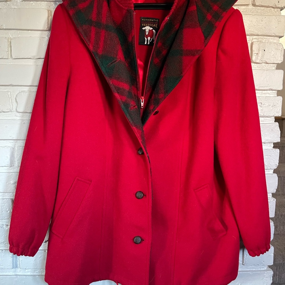 Vintage Mackintosh Vestcoat Red Wool Coat Plaid Lined Hooded Jacket Size 8